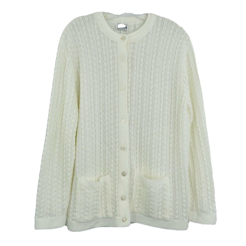Cuddle Knit Cardigan Sweater Womens XL White Vintage Cable Knit Button Front